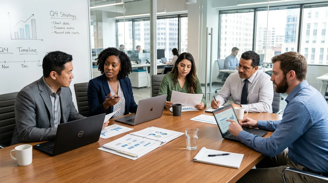 Team discussing business plans in office