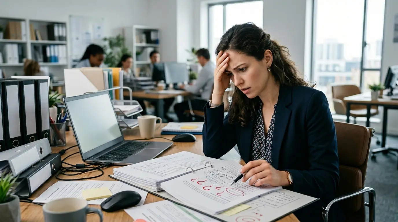 A woman struggling with her DPIA assessment.
