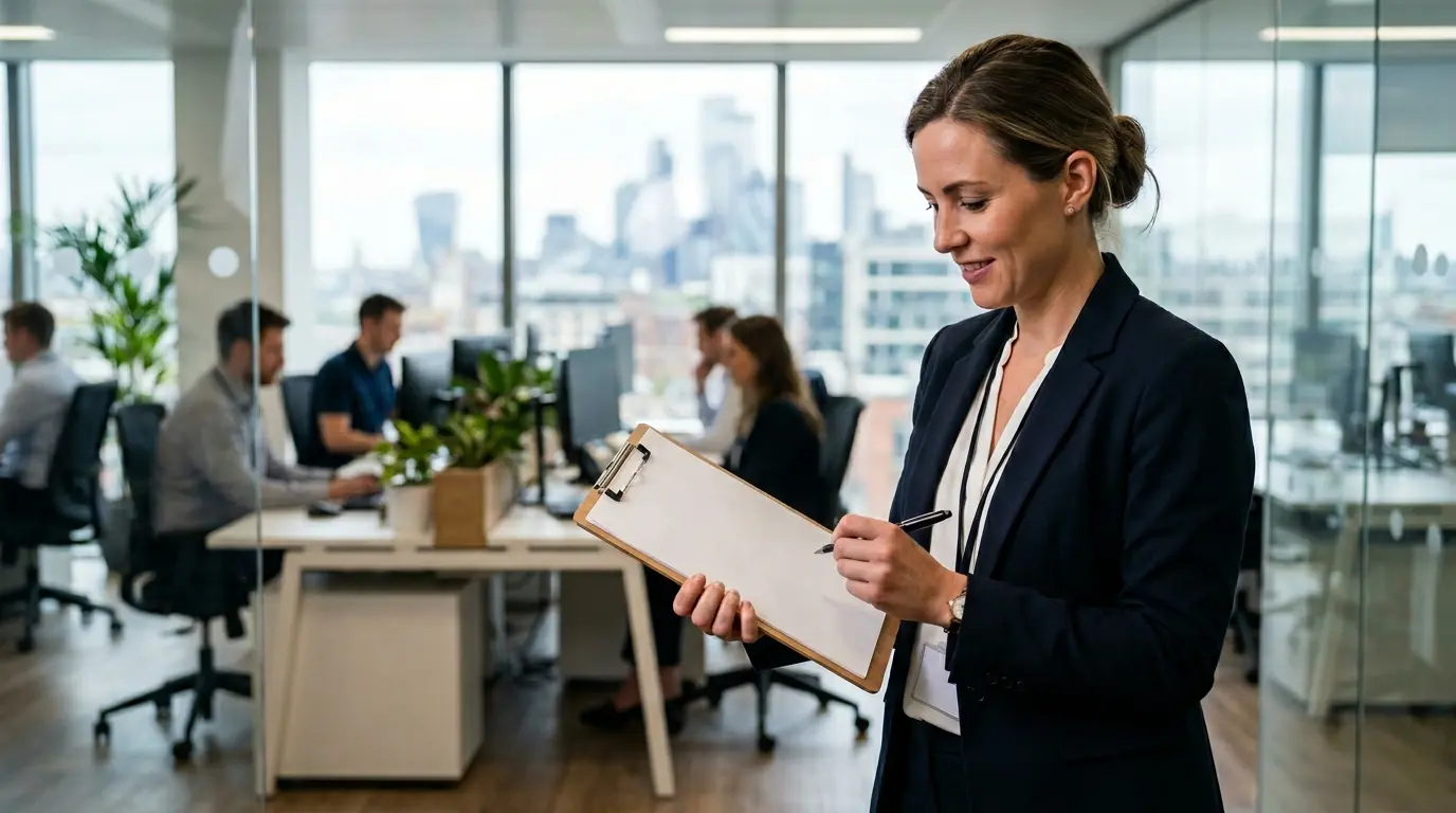 A woman carrying out a DPIA, holding a clipboard.