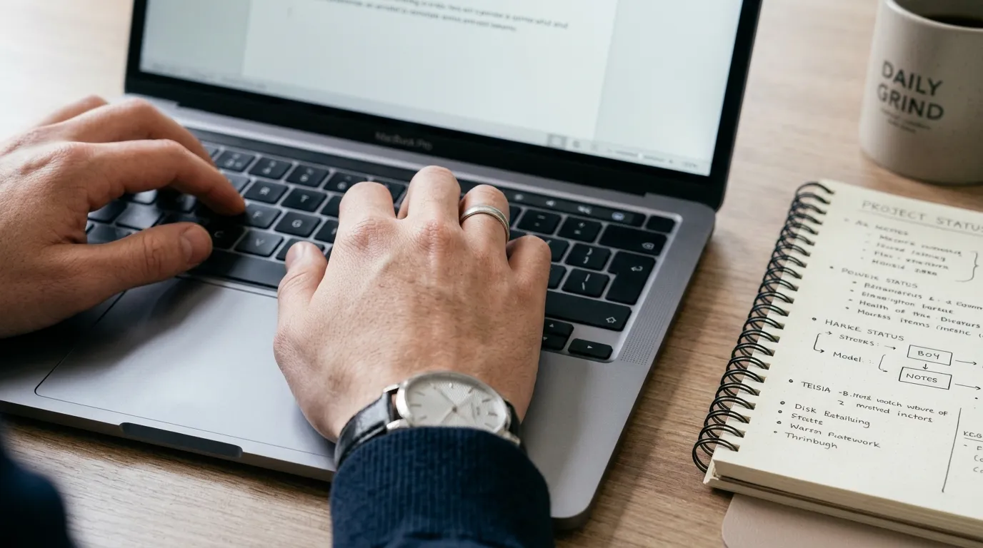 Hands typing on laptop notes