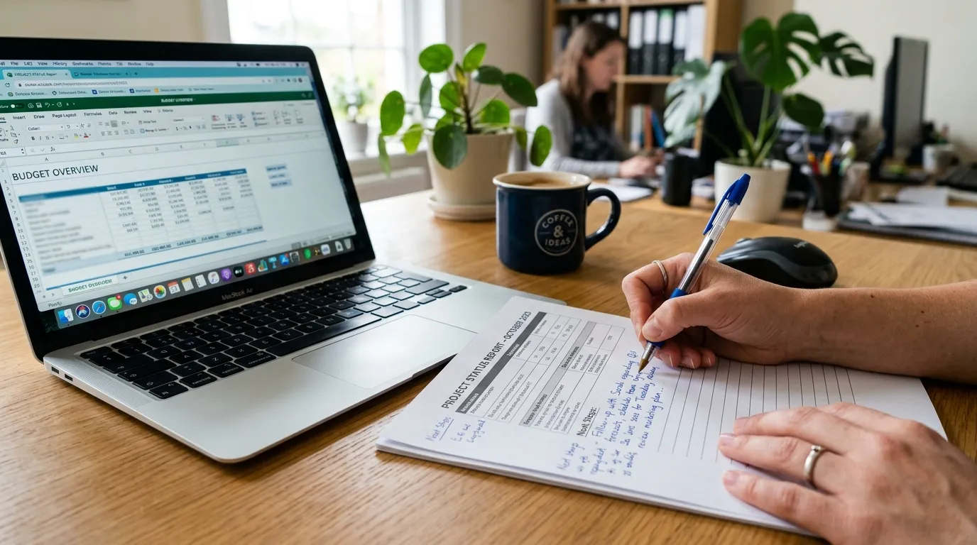 Hands writing notes on document