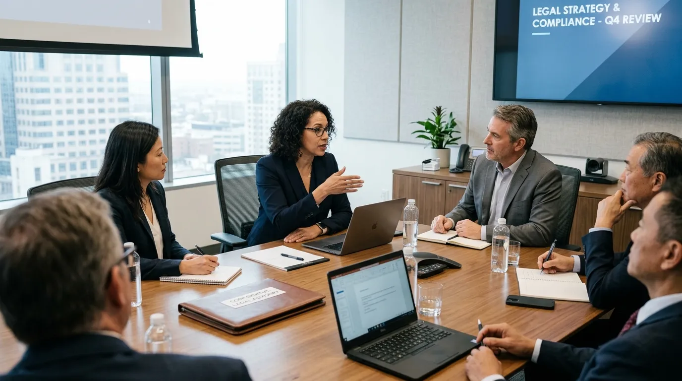 Legal advisor meeting with executives in boardroom