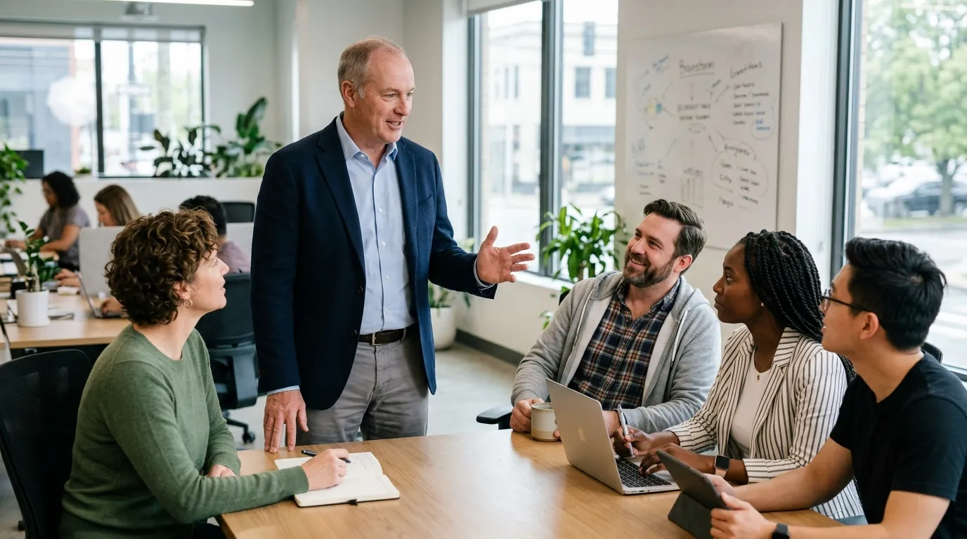 Manager leading team discussion in office
