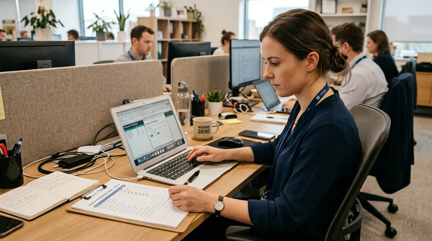 Employee working on laptop with checklist