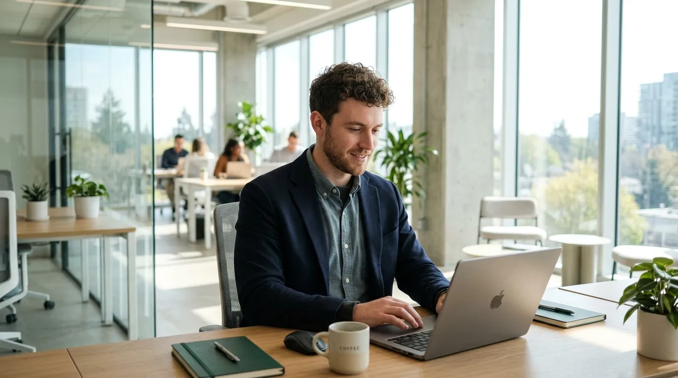 Office worker with laptop workspace