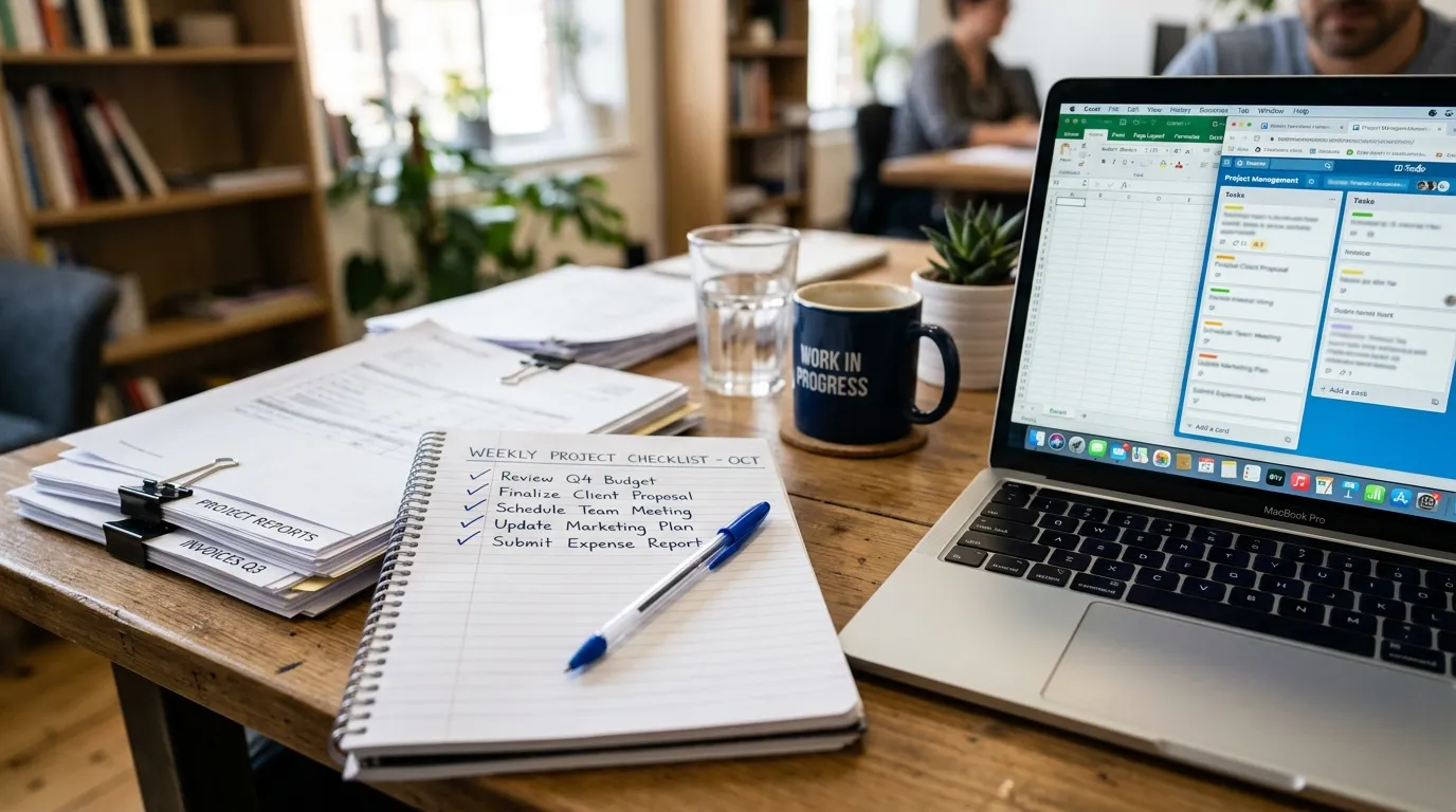 Organised documents and checklist on office desk