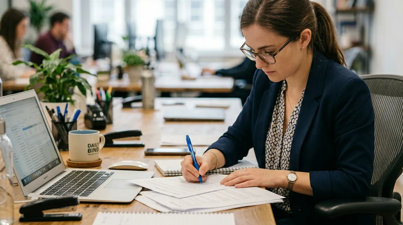 Person reviewing paperwork and notes at desk