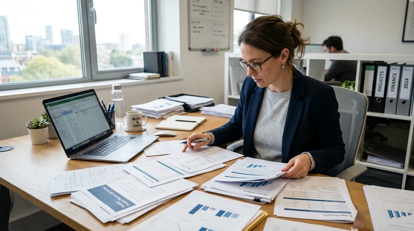 Person managing multiple documents on desk