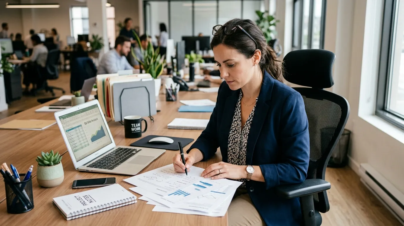 Person reviewing documents at desk
