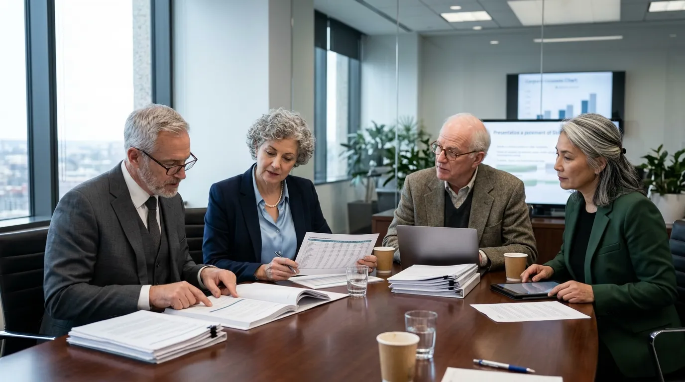Executives reviewing reports in meeting room