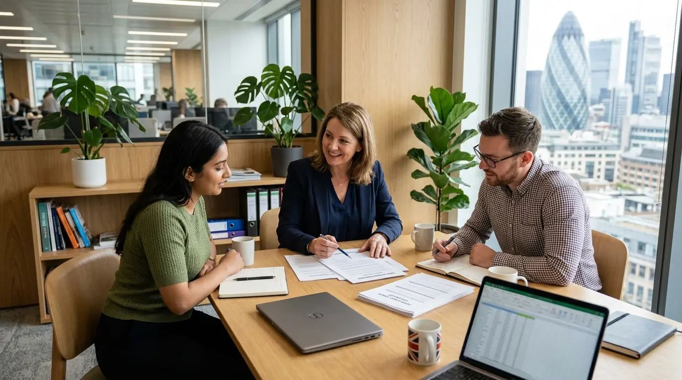 Small business owner reviewing contracts and documents with staff