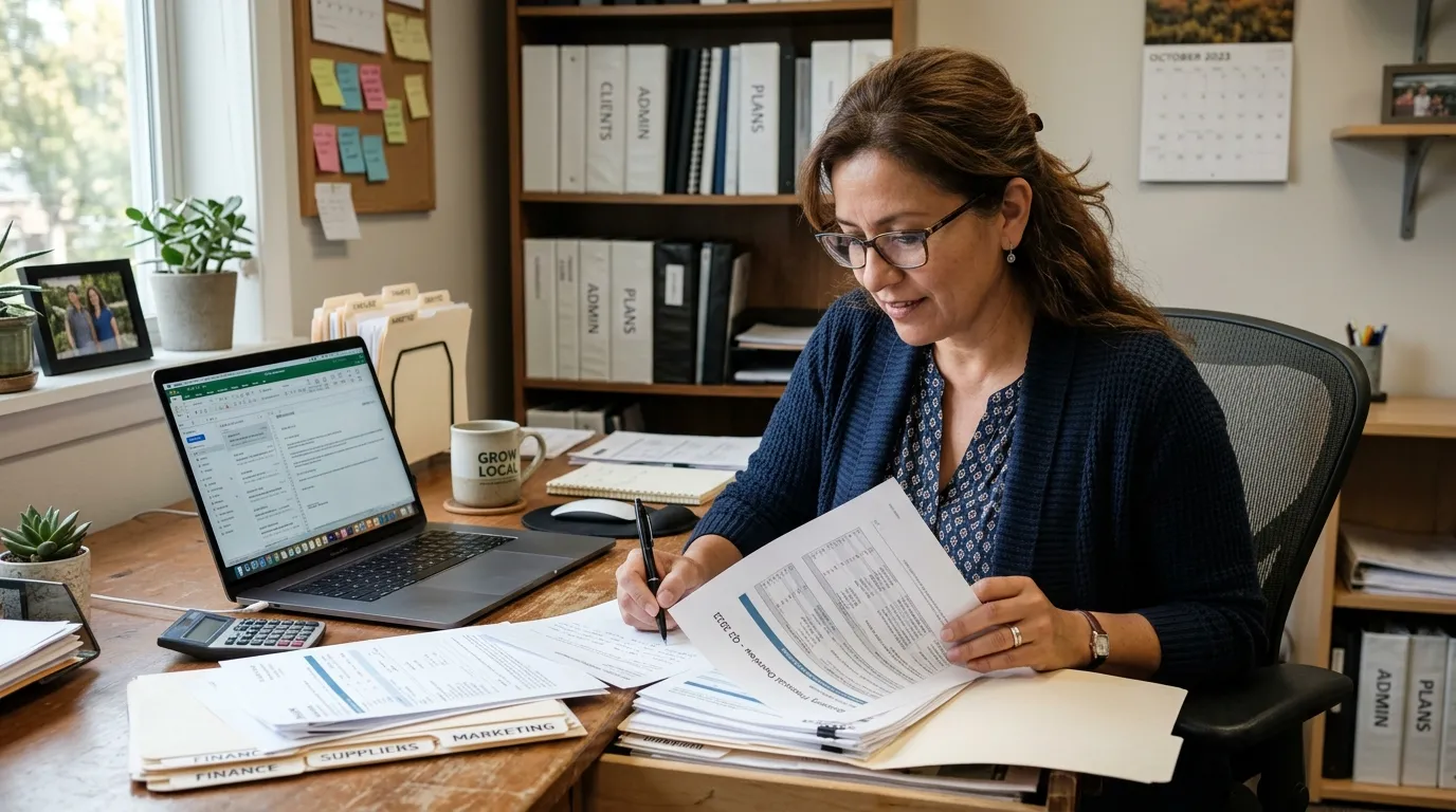 Business owner reviewing documents at desk