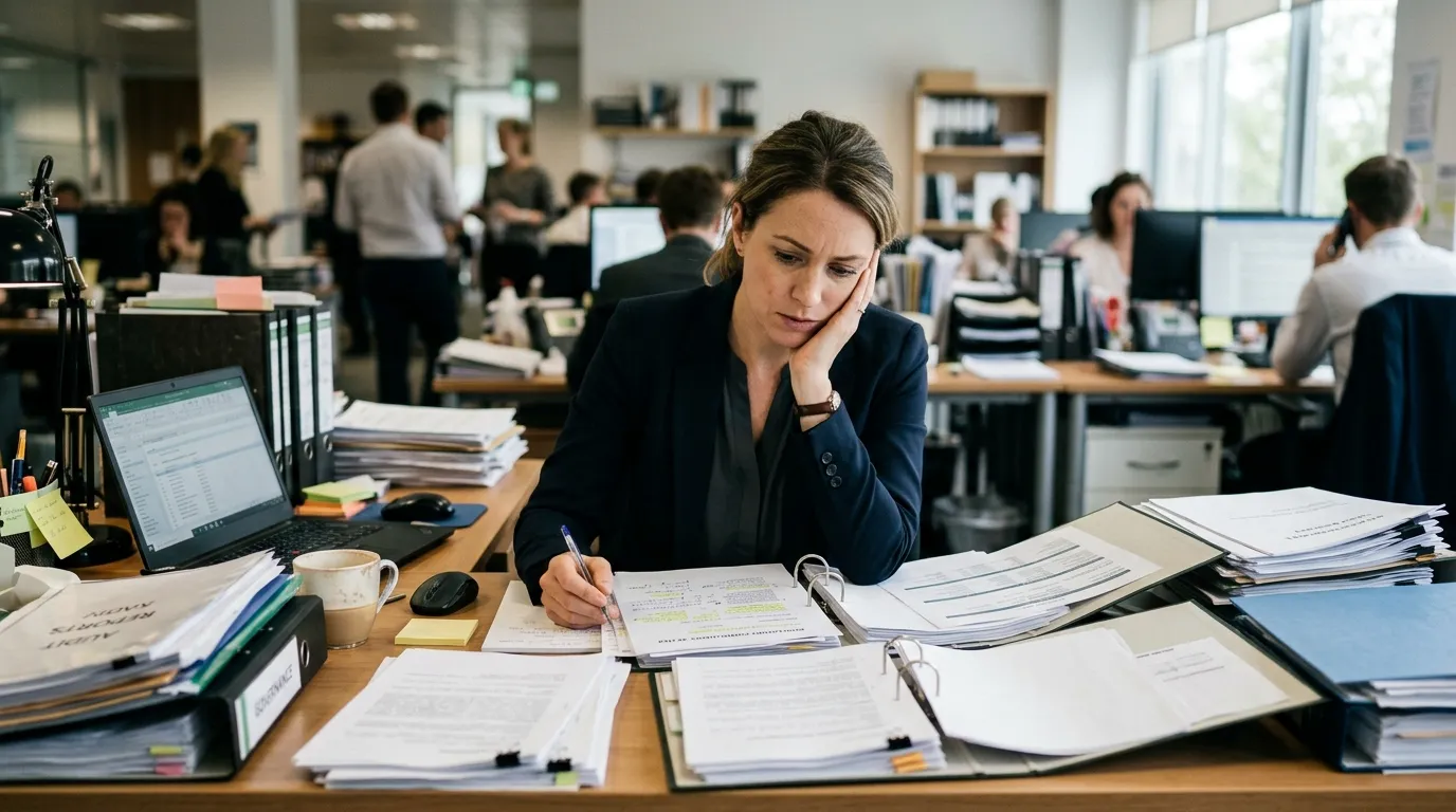 A woman stressed because of the increasing regulatory changes.